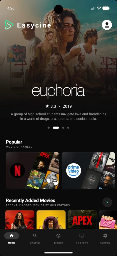 EasyCine Android movies app home screen — Netflix clone streaming app interface