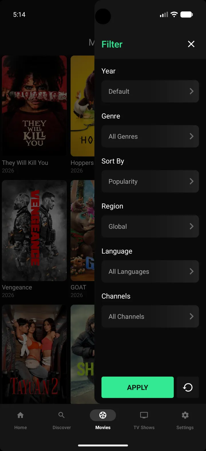 EasyCine Android movies app — Filters screen screenshot