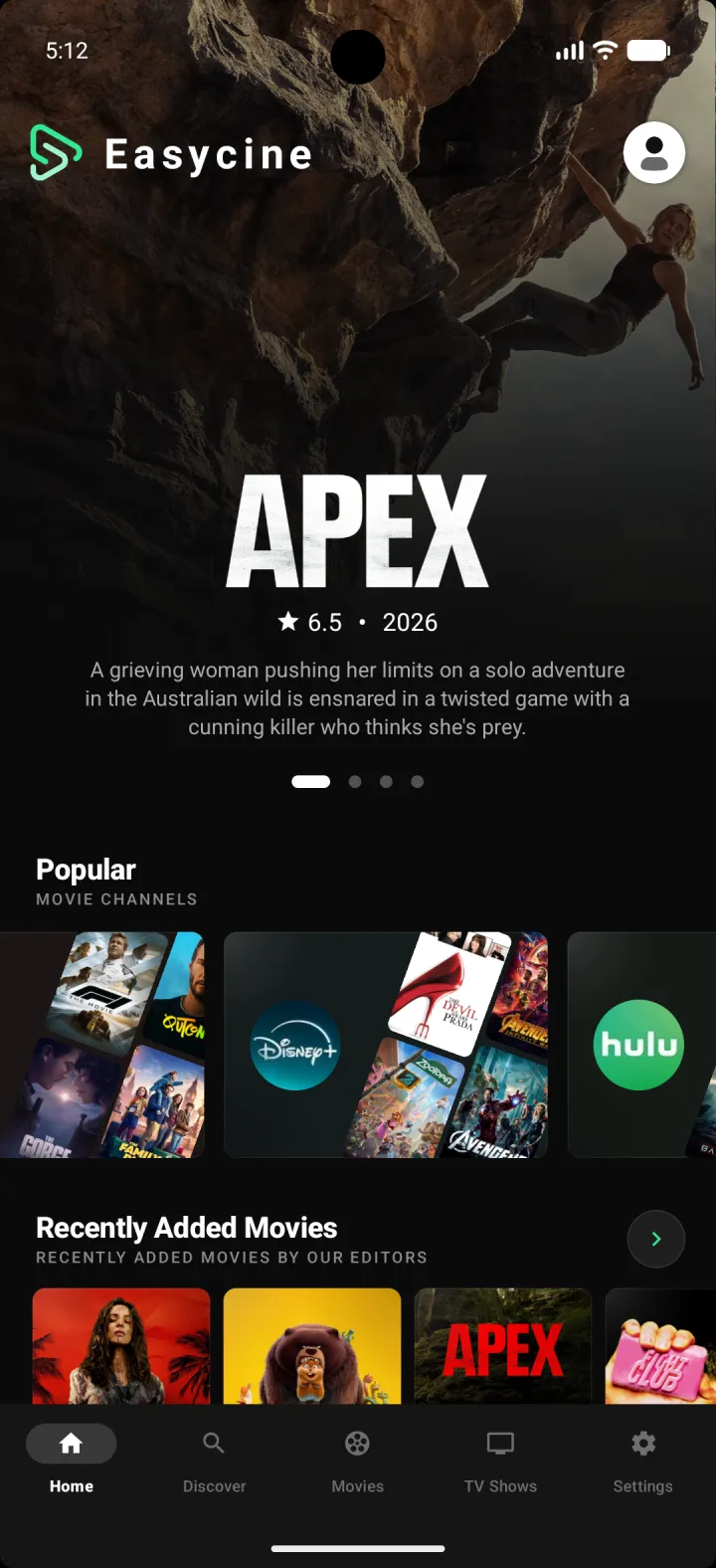EasyCine Android movies app — Home screen screenshot