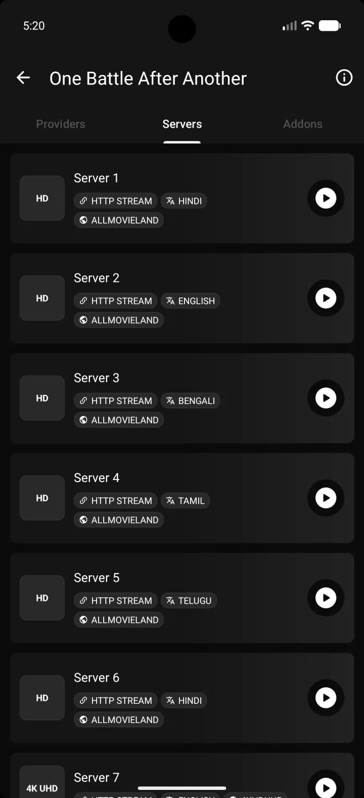 EasyCine Android movies app — Servers screen screenshot