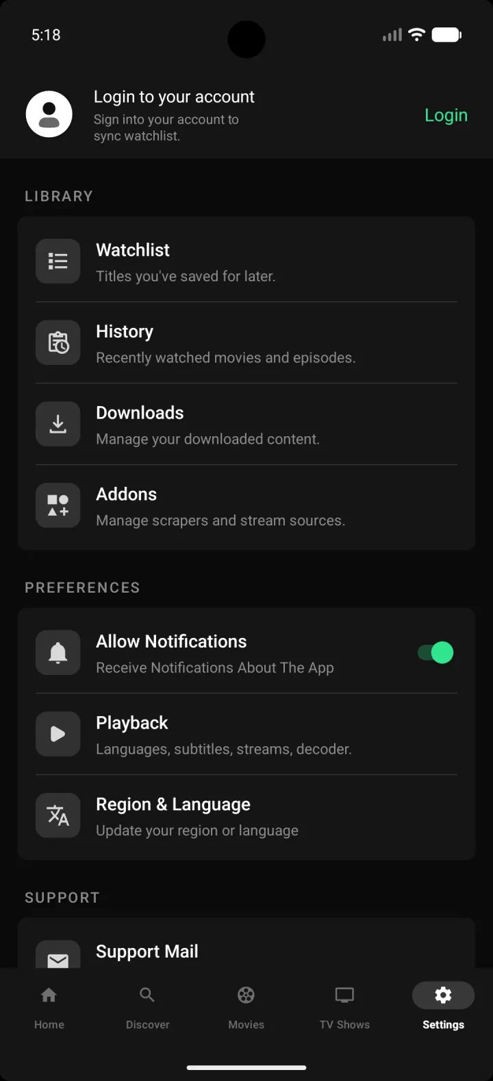 EasyCine Android movies app — Settings screen screenshot